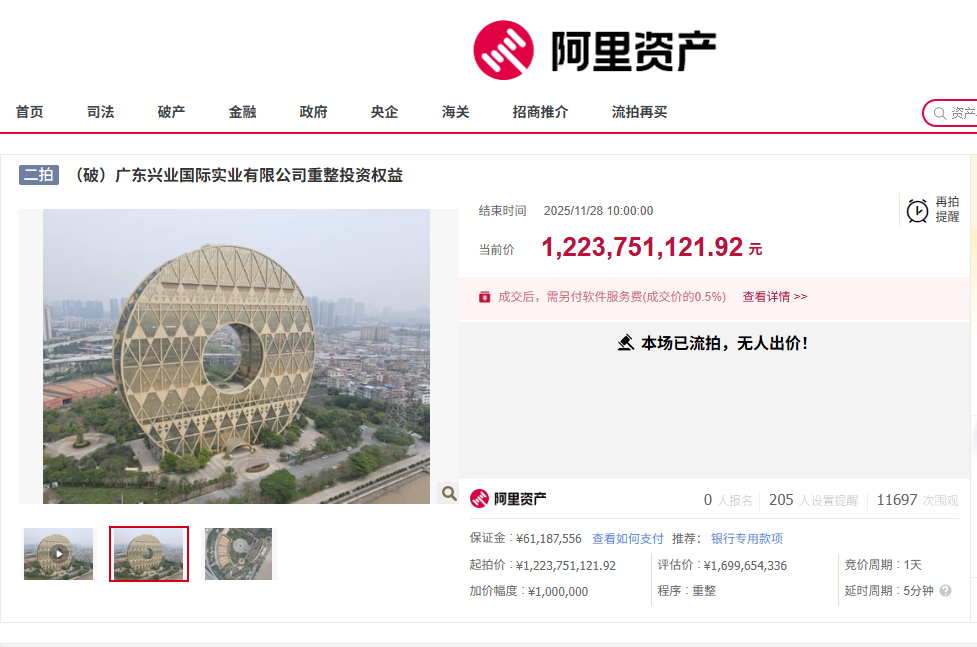 起拍价再降1.36亿元，广州“铜钱大厦”第四次拍卖仍流拍，万